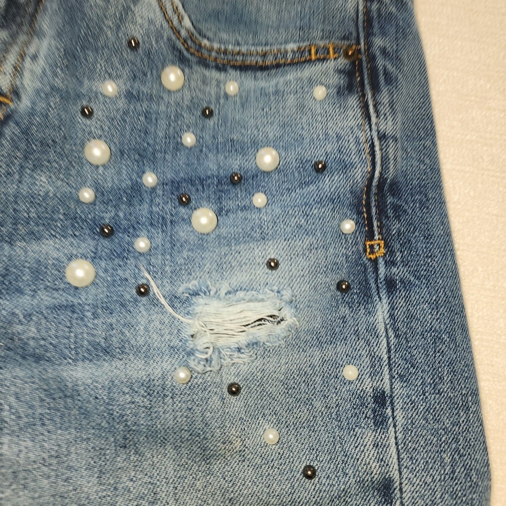 Zara‎ Basic Z1975 Distressed Pearl Embellished Straight Leg Jeans Blue Womens 00 - Picture 4 of 11